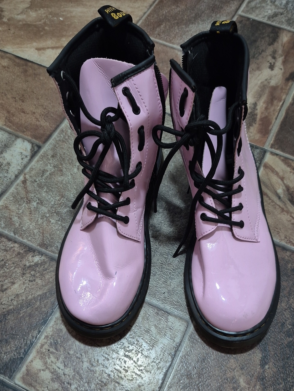 Dr. Martens Pink Patent Lace-Up Combat Boots with Black Trim